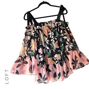 LOFT | NWOT FLORAL OFF SHOULDER TOP TIES RUFFLE PINK & BLACK | SMALL